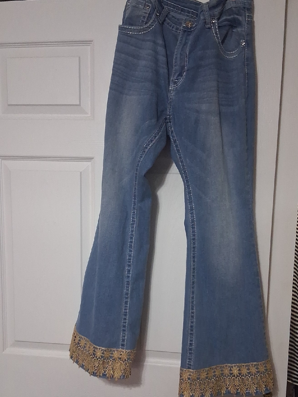Blue Flare Jeans with Gold Lace Hem